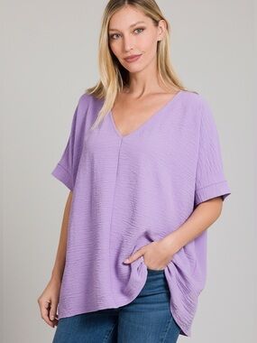 Zenana V-Neck Woven Dolman Sleeve Top in Lavender